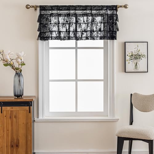 Kotile Black Ruffle Lace Valance for Windows W52 x L18 Inch, 1 Panel - color: Black - Ruffle Lace