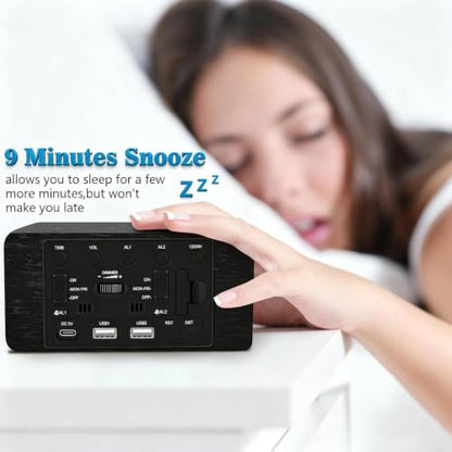 Premium Black Wooden Digital Alarm Clock with Wireless Phone Charger, Dual USB Charging Ports, Dimmable LED Display, Date and Day of Week, Small Digital Desk Clock for Bedroom Nightstand Bedside Table - color: Black