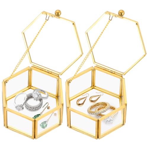 2 Pack Vintage Gold Hexagonal Transparent Jewelry Box, 3.1 x 2.5 x 1.7 Glass Jewelry Box for Display, Decorative, Trinket Box for Rings, Earrings, Keepsakes, Clear Glass Jewelry Display Case