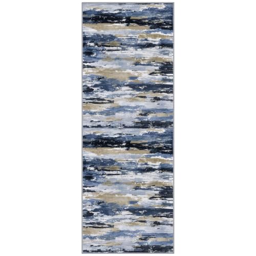 Abstract Washable 3x8 Runner Rug Non Slip Runners for Hallway - color: Navy / Blue / Taupe, size: 3' x 8' (Runner)