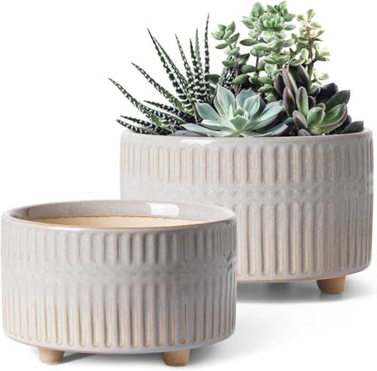 LE TAUCI Succulent Pots, 6.5+8 Inch Ceramic Indoor Plant Pot with Drainage Hole, Shallow Round Succulent Planters, Set of 2, Reactive Glaze Star White - color: Reactive Glaze Star White