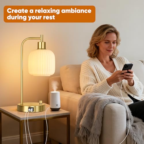 Cream Glass Table Lamps Set of 2, Dimmable Bedside Lamps for Living Room - color: ‎Gold&‎Cream