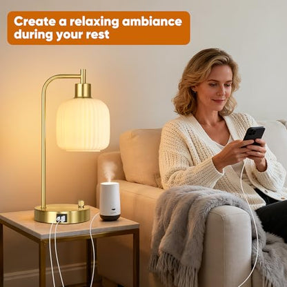Cream Glass Table Lamps Set of 2, Dimmable Bedside Lamps for Living Room - color: ‎Gold&‎Cream