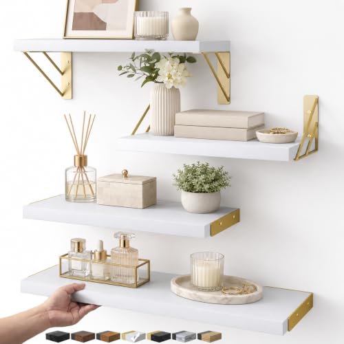 BAYKA Wall Mounted Floating Shelves (White and Gold, Set of 4, 16" Mixed) - color: B. White Board & Gold Brackets, size: 16 inches Mixed