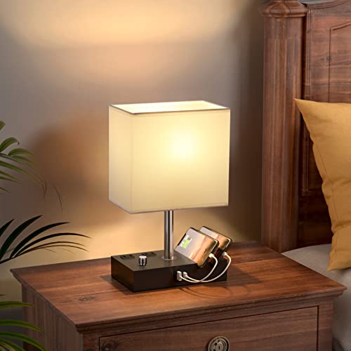White Table Lamp for Bedroom - Stepless Dimmable, USB C+A, 2 AC Outlets - color: White with Knob Switch, size: 1 Pack