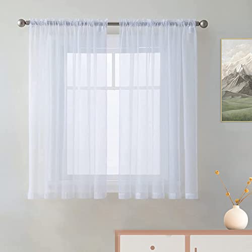 SpaceDresserWhite Kitchen Sheer Valance Curtains 36 Inch, Voile Sheer Cafe Curtains for Bathroom Farmhouse Country Light Filtering Short Window Curtain 1 Pair 2 Panels(White,52 W x 36 L) - color: White, size: 52"W x 36"L (Pack of 2)