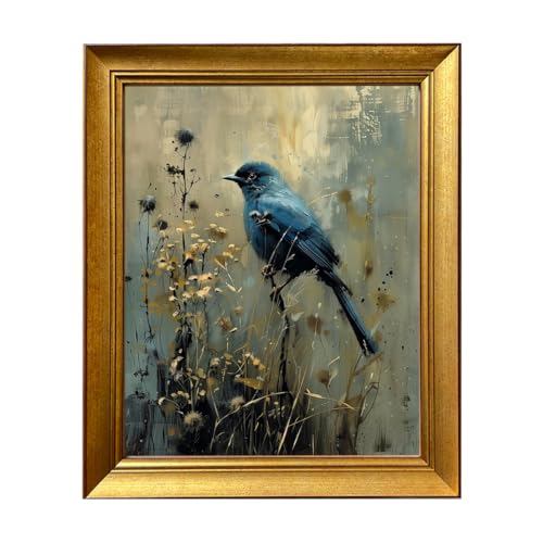 Vintage Blue Bird Wall Art Gold Framed Wall Decor Dark Cottage Core Farmhouse Canvas Print Academia Gothic Aesthetic Moody Botanical Woodland Oil Painting Artworks for Bedroom Living Room Decor - color: Blue Bird, size: 12"L x 10"W