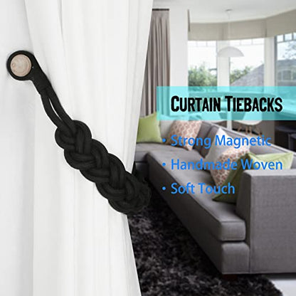 BEL AVENIR Curtain Tiebacks Magnetic 4 Pack Woven Drapery Holdback - color: Black-4packblack