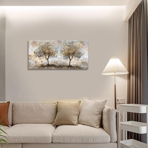 Landscape Gold Tree Wall Art - Autumn Golden Forest Canvas Painting - Bedroom & Living Room Decor - color: Gold Tree, size: 40"L x 20"W