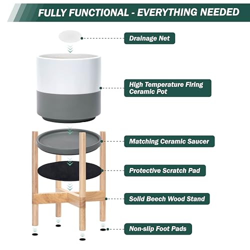 D'vine Dev Ceramic Pot with Natural Wood Stand, White/Grey, 8 in, 55-B-N-6 - color: White/Grey Pot + Natural Stand, size: 8 Inch
