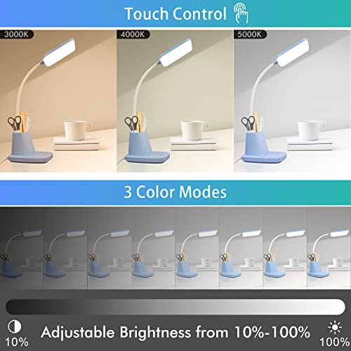 LED Desk Lamp with 10W Wireless Charging & Pen Holder, Blue - color: Blue