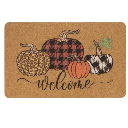 IZUS Hello-Pumpkin Fall Welcome-Doormats Harvest-Festival Outdoor-Entrance Non-Slip Leopard/Plaid-Printed-Pumpkins Autumn Frontdoor Mats 17x29inch - color: Pumpkins With Leopard+plaid+buffalo-check Printed