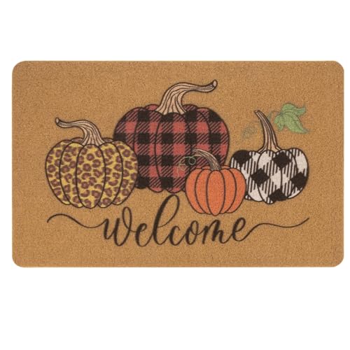 IZUS Hello-Pumpkin Fall Welcome-Doormats Harvest-Festival Outdoor-Entrance Non-Slip Leopard/Plaid-Printed-Pumpkins Autumn Frontdoor Mats 17x29inch - color: Pumpkins With Leopard+plaid+buffalo-check Printed