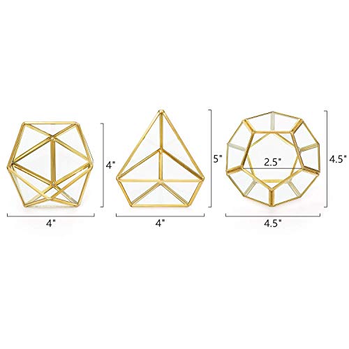 Mkono 3 Pack Fake Succulents in Geometric Glass Terrarium Gold Office Decor - color: Gold,green,clear