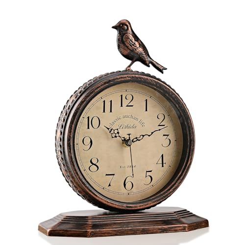 8-Inch Antique Mantel Clocks For Living Room, Retro Table Metal Silent Clocks For Fireplace, Easy To Read Decorative Mantel Clocks With Top Bird For Bedroom, Office, Desktop(Standard Numbers) - color: Arabic Numerals