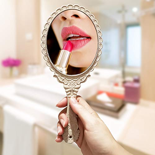 YUSONG Makeup Handheld Mirror with Handle(2 Pack Beige) - color: 2 Pcs Lvory White