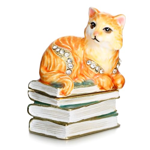 Hand Painted Enameled Cute Cat Trinket Box, Hinged Unique Mini Ring Necklace Jewelry Organizer, Classical Bejeweled Storage, Figurine Collectible Keepsake Home Decor (Cat on Book) - color: Cat on Book