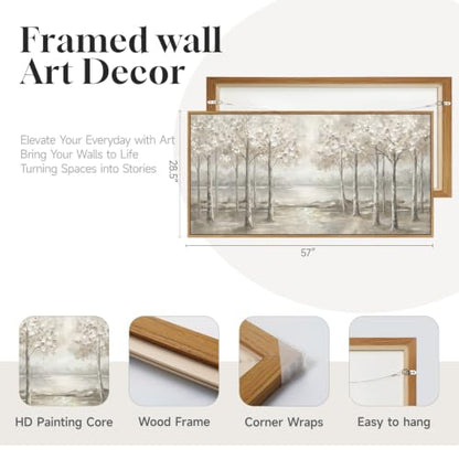 Framed Birch Tree Forest Landscape Wall Art for Living Room, 60x30 Inch - color: White Gray