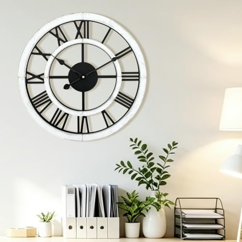 16 Inch Rustic Wall Clock Silent Non-Ticking Wooden Wall Clocks with Roman Numerals Farmhouse Decorative Clock for Living Room Bedroom Office (White) - color: White, size: 16 Inch