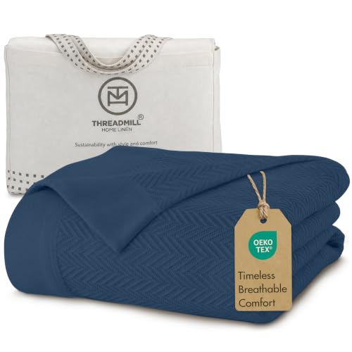 Threadmill Luxury 100% Cotton King Herringbone Blanket, Folkstone Blue - color: Folkstone Blue, size: King (106" x 92")