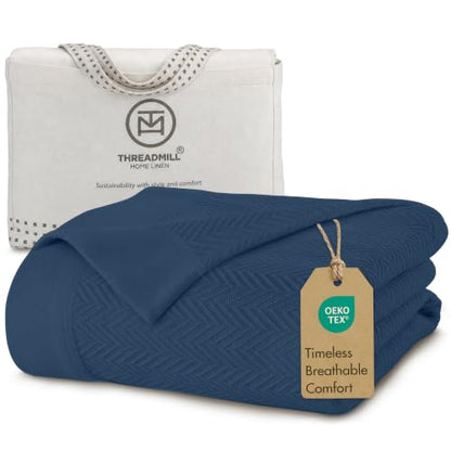 Threadmill Luxury 100% Cotton King Herringbone Blanket, Folkstone Blue - color: Folkstone Blue, size: King (106" x 92")