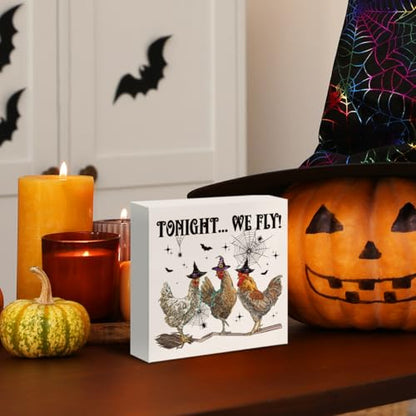 Funny Halloween Witchy Chicken Decor Tonight We Fly Wooden Box Sign - color: Chicken Halloween