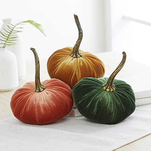 Your Heart's Content Set of 3 Small Velvet Pumpkins (Sm Harvest Gold Olive) - color: Sm Harvest Gold Olive