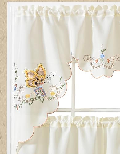 GOHD Dancing Butterfly 3pcs Embroidery Cafe Curtains with cutworks,Yellow - color: Yellow