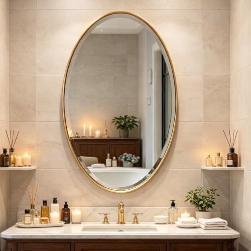 POZINO 48"x24" Brushed Gold Oval Beveled Bathroom Mirror for Over Sink - color: Gold Round, size: 48"L x 28"W