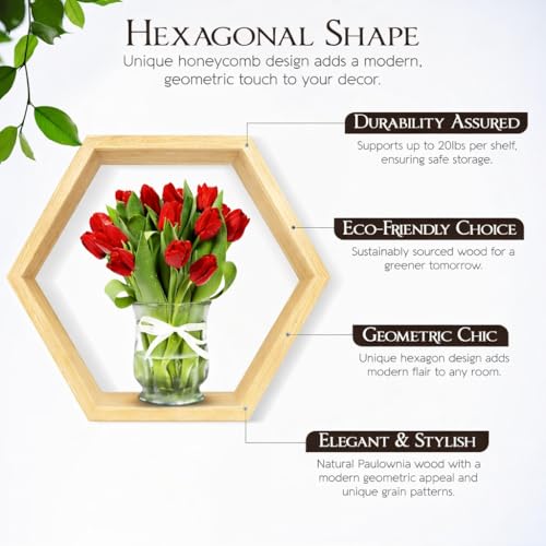 Hexagon Floating Shelves Set of 8 Honeycomb Shelves for Wall, Wooden Hexagon Shelves for Farmhouse Storage (Natural Wood) - color: Natural Wood
