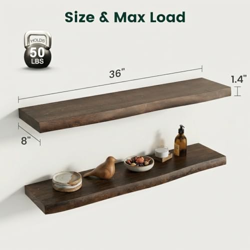 36in Live Edge Solid Elm Floating Shelves, Walnut, Set of 2 - color: Walut Color, size: Live Edge 36 inch, 2Packs