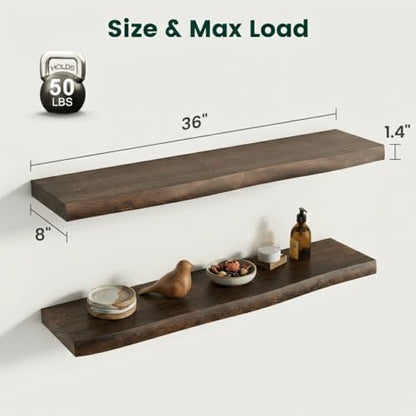 36in Live Edge Solid Elm Floating Shelves, Walnut, Set of 2 - color: Walut Color, size: Live Edge 36 inch, 2Packs