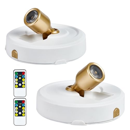 Wireless Spotlight Battery Operated with Remote Control, 2-Pack Under Cabinet Closet Light with Timer Function for Under Counter, Shelf, Bookcase, Cabinet, Paintings, Pictures, Accent - color: White Gold