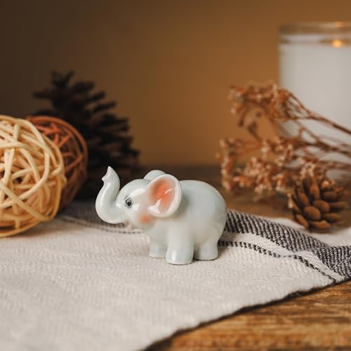 Mini Ceramic Elephant Figurine, Cute White Elephant Statue with Pink Ears, Small Animal Collectible for Desk, Shelf, and Home Decor, Gift for Elephant Lovers