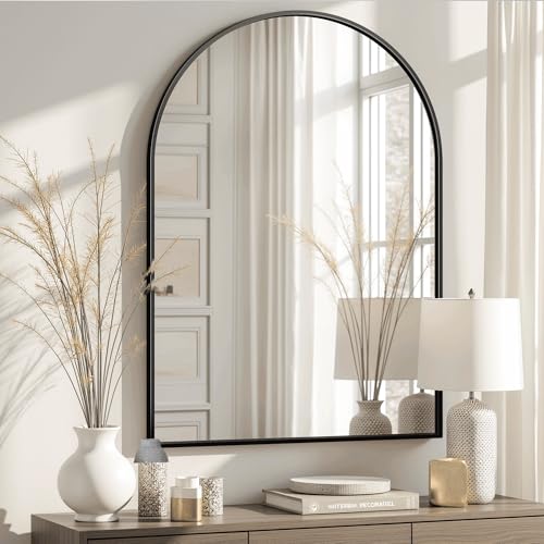 Arched Bathroom Mirror for Wall, 38" x 26" Metal Frame Vanity Mirror, Black - color: Matte Black, size: 38"L x 26"W