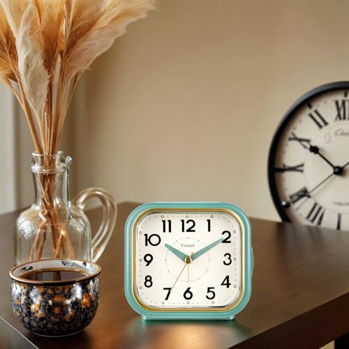 Tinload 4.3" Vintage Retro Analog Alarm Clock, Super Silent Non Ticking Clock with Manual Light, Snooze, Battery Operated, Simply Design, for Living Room, Bedroom, Bedside, Desk(Green-V2) - style: Green-Gold