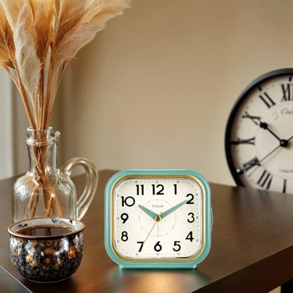 Tinload 4.3" Vintage Retro Analog Alarm Clock, Super Silent Non Ticking Clock with Manual Light, Snooze, Battery Operated, Simply Design, for Living Room, Bedroom, Bedside, Desk(Green-V2) - style: Green-Gold