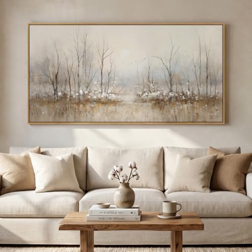 Large Framed Neutral Abstract Landscape Wall Art for Living Room, 60x30 In - color: Beige Brown
