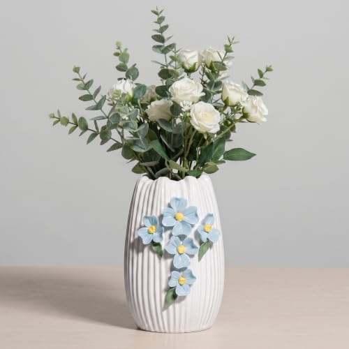 White Ceramic Vase, 7 inch Small Boho Vases, 3D Sculpted - color: White and Light Blue, size: 7 inch