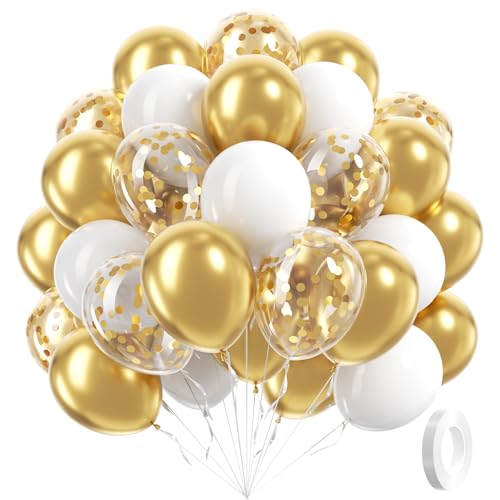 60pcs Gold and White Balloons 12inch with Metallic Gold Confetti Balloons - color: White Gold