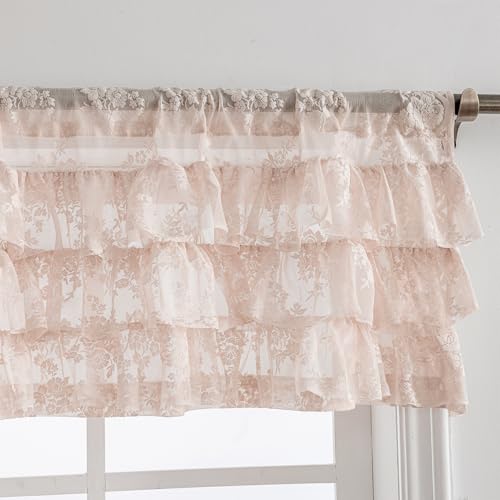 Kotile Blush Pink Ruffle Lace Valance for Windows W52 x L18 Inch, 1 Panel - color: Blush Pink - Ruffle Lace