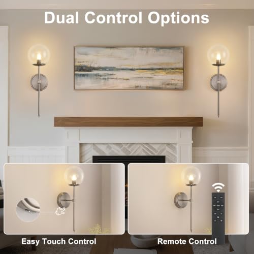 Globe Battery Operated Sconce Set of 2 with Clear Glass Lampshade - color: Brushed Nickel-Clear
