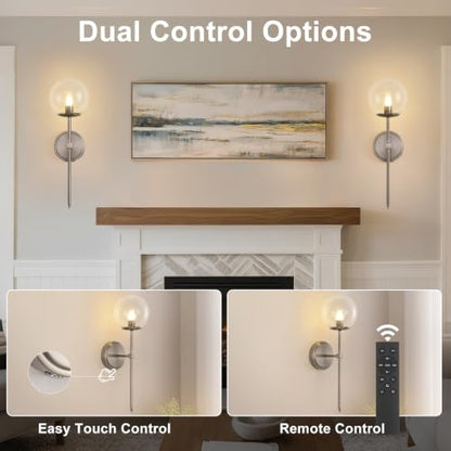 Globe Battery Operated Sconce Set of 2 with Clear Glass Lampshade - color: Brushed Nickel-Clear