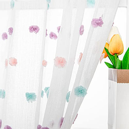 MYSKY HOME Rainbow Pom Pom Sheer Curtains for Small Windows 45 Inch Pack-2 - color: Rainbow Pom Pom, size: 50"W x 45"L (Pack of 2)