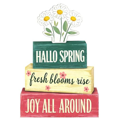 Spring Decoration Wooden Tiered Tray Decor – Rustic Hallo Spring Stacked Block Sign with Daisy Flower Topper – Farmhouse Tabletop Spring Decor for Living Room Shelf Kitchen Coffee Bar Seasonal Home Display - style: Hallo Spring
