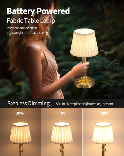 KDG Gold Cordless Table Lamps Set of 2, Beige Fabric Shade Small Desk Lamp - color: Gold + White Lampshde (2 Pack)