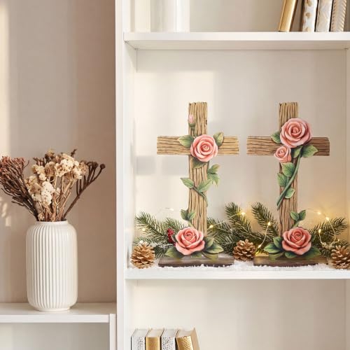 Yuntau 2 Pcs Rose Standing Cross Figurines Table Decor Wooden Rustic Catholic Statues Table Ornament Religious Pink Gift for Kitchen Mantel Home Decor Party Supplies Decoration - style: Rose Standing Cross
