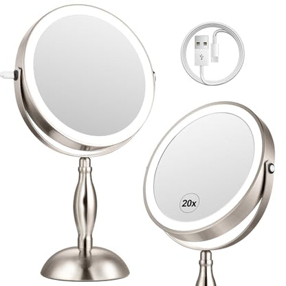 20x Magnifying Mirror with Light-Brushed Nickel - color: Brushed Nickel