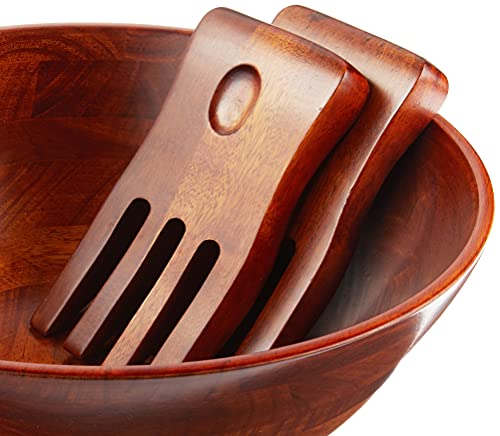 Lipper International Rubberwood Footed Bowl with Cherry Finish for Fruits, Salads, or Popcorn, Large, 13.75" Diameter x 5" Height, 216.41 Fl. Oz., 3-Piece Set with Salad Hands - size: Large, style: 3-Piece Set with 2 Salad Hands