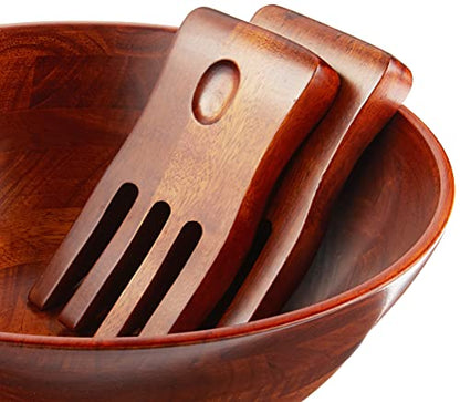 Lipper International Rubberwood Footed Bowl with Cherry Finish for Fruits, Salads, or Popcorn, Large, 13.75" Diameter x 5" Height, 216.41 Fl. Oz., 3-Piece Set with Salad Hands - size: Large, style: 3-Piece Set with 2 Salad Hands